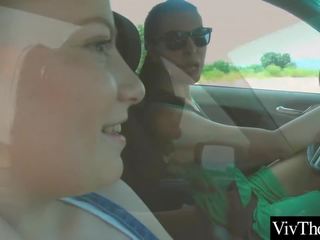Fascinating lesbian picks up bewitching hitch hiker and plays with her