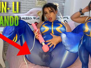 Voluptuous cosplay lover dressed as Chun Li from street fighter playing with her htachi vibrator cumming and soaking her panties and pants ahegao
