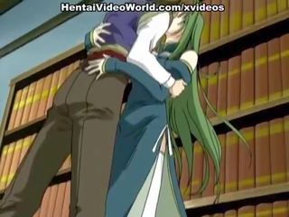 Green-haired hentai femme fatale whanged në një bibliotekë