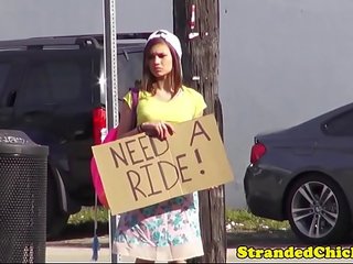 Hitchhiking cutie fucked outdoors on car