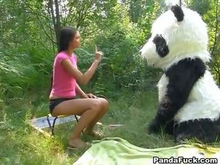 Erwachsene klammer im die wald mit ein riesig spielzeug panda