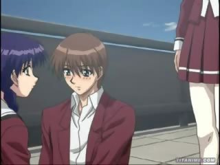 Hentai anime classmates trio in school-