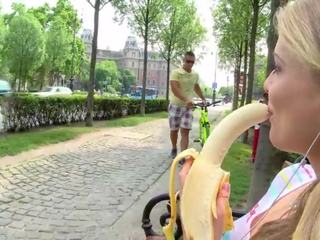 Tourist chick gets picked up and Fucked Deep immediately afterwards eating a Banana